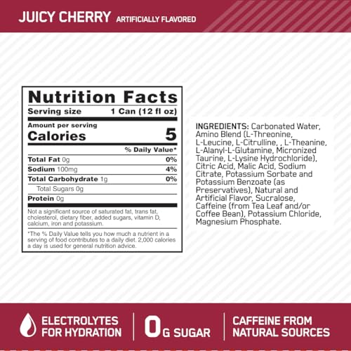 Optimum Nutrition Amino Energy Sparkling Hydration Drink, Electrolytes, Caffeine, Amino Acids, BCAAs, Sugar Free, Juicy Strawberry, 12 Fl Oz, 12 Pack (Packaging May Vary)