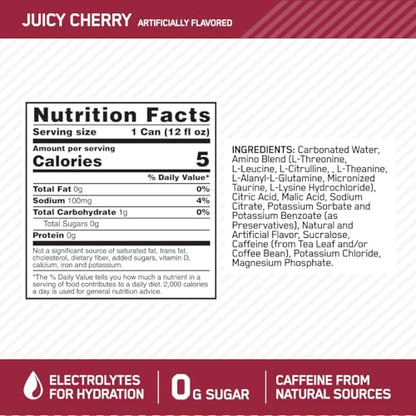 Optimum Nutrition Amino Energy Sparkling Hydration Drink, Electrolytes, Caffeine, Amino Acids, BCAAs, Sugar Free, Juicy Strawberry, 12 Fl Oz, 12 Pack (Packaging May Vary)