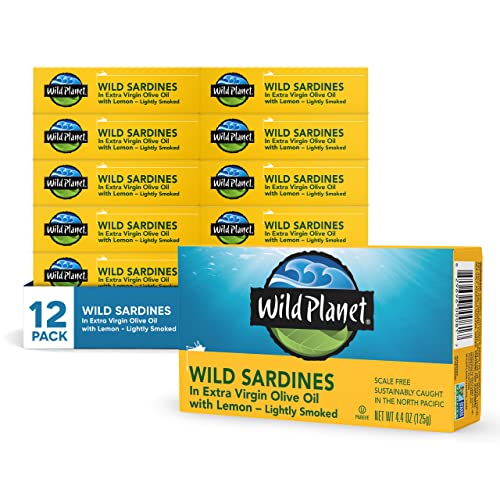 Wild Planet Wild Sardines in Extra Virgin Olive Oil, Lightly Smoked, Tinned Fish, Sustainably Wild-Caught, Non-GMO, Kosher, Gluten Free, 4.4. Ounce (Pack of 12)