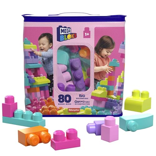 MEGA BLOKS First Builders Toddler Blocks Toys Set, Big Building Bag with 80 Pieces and Storage, Blue, Ages 1+ Years