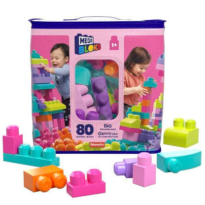 MEGA BLOKS First Builders Toddler Blocks Toys Set, Big Building Bag with 80 Pieces and Storage, Blue, Ages 1+ Years