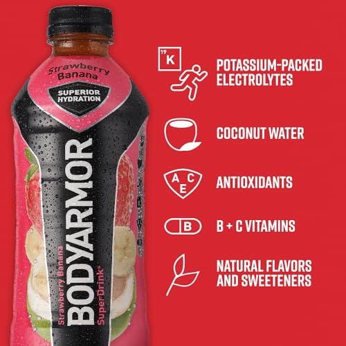 BODYARMOR Sports Drink Sports Beverage, Strawberry Banana, Coconut Water Hydration, Natural Flavors With Vitamins, Potassium-Packed Electrolytes, Perfect For Athletes, 12 Fl Oz (Pack of 8)