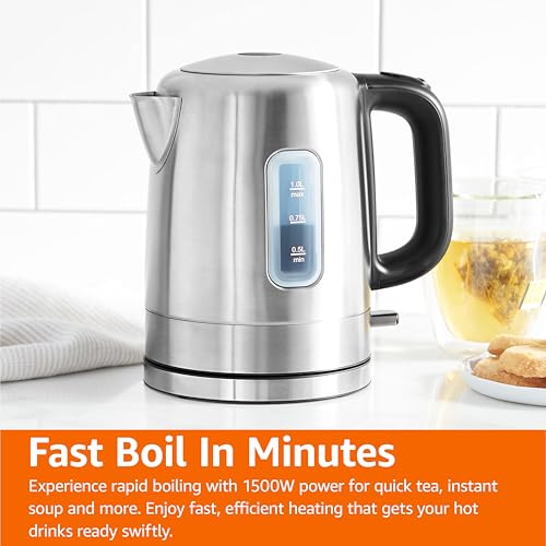 Amazon Basics Electric Kettle, Stainless Steel, Portable Fast-Boiling, Tea Kettle for Boiling Water, for Tea and Coffee, Auto Shut-Off and Boil Dry Protection, 1 Liter, Black and Silver