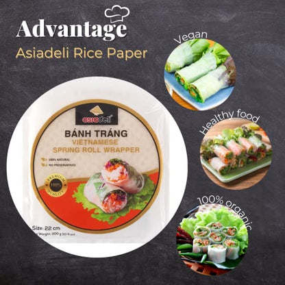 30 Sheets Premium Rice Papers, 30~32 Sheets Per Pack, 10.5 oz, Vietnamese Spring Roll Wrapper, Premium Rice Paper, Round 22cm by ASIADELI(Pack of 1 Bag)