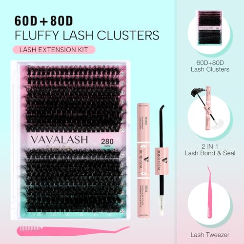 VAVALASH DIY Lash Extension Kit 280 Clusters Individual Lashes Kit 30D 40D 0.07D-10-16mm Lash Clusters, Lash Bond and Seal, Lash Tweezer for DIY Eyelash Extension at Home（Kit-30D+40D-0.07D-10-16MIX）