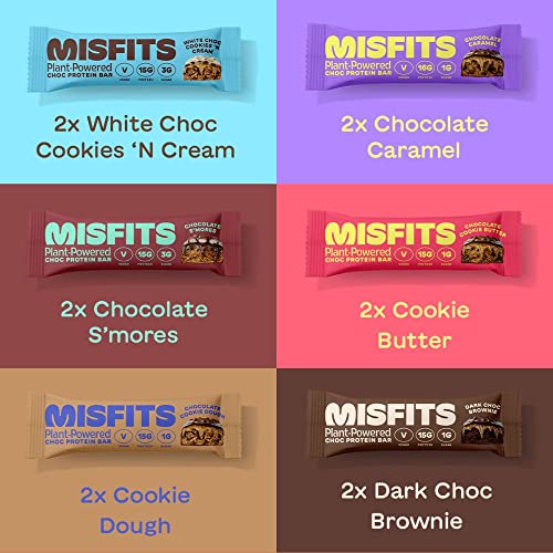 Misfits Vegan Protein Bar, Variety Pack, Plant Based Chocolate Protein Bars, High Protein Snacks for Adults with 15g Plant Protein Per Bar, Low Carb, 1g Sugar, High Fiber, Healthy Snack Food, 12 Pack