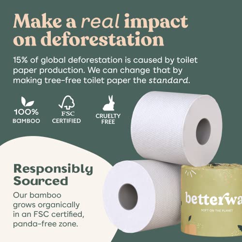 Betterway Bamboo Toilet Paper 3 Ply - Sustainable Toilet Tissue - 12 Double Rolls & 360 Sheets Per Roll - Septic Safe - Organic, Plastic Free - FSC Certified