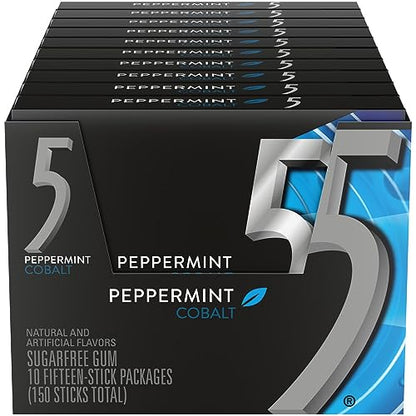 5 GUM Peppermint Cobalt Sugar Free Chewing Gum Bulk, 15 Sticks (Pack of 10)