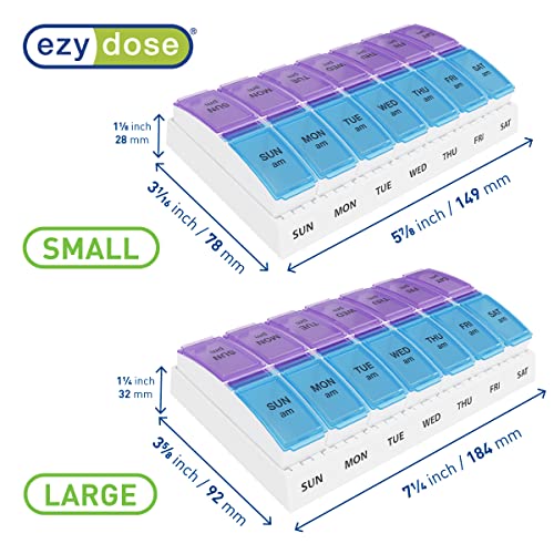 EZY DOSE Weekly (7-Day) AM/PM Pill Case, Medicine Planner, Vitamin Organizer Box, Small Pop-out Compartments, 2 Times a Day, Blue and Purple Lids, BPA Free