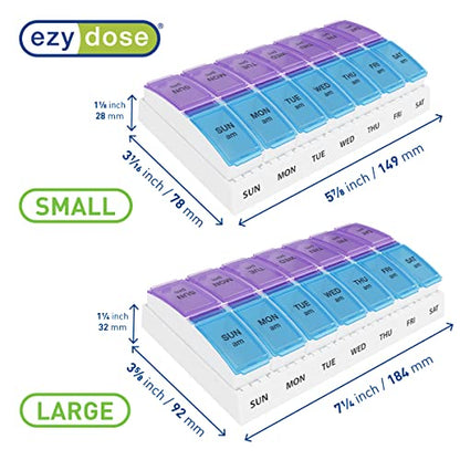 EZY DOSE Weekly (7-Day) AM/PM Pill Case, Medicine Planner, Vitamin Organizer Box, Small Pop-out Compartments, 2 Times a Day, Blue and Purple Lids, BPA Free