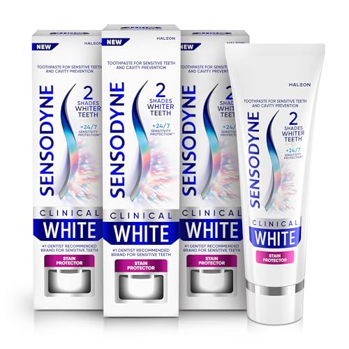 Sensodyne Clinical White Toothpaste Clinically Proven Whitening for Sensitive Teeth, Stain Protector, 3.4 Oz (Pack of 3)