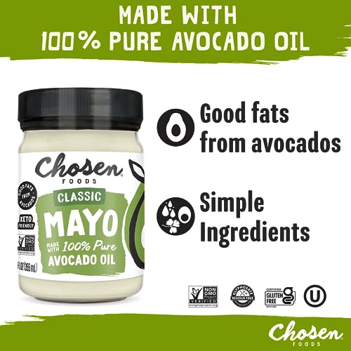 Chosen Foods 100% Avocado Oil-Based Classic Mayonnaise, Gluten & Dairy Free, Low-Carb, Keto & Paleo Diet Friendly, Mayo for Sandwiches, Dressings and Sauces, Made with Cage Free Eggs (32 Fl Oz)