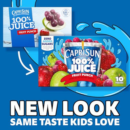 Capri Sun 100% Juice Fruit Punch Naturally Flavored Kids Juice Blend (40 ct Pack, 4 Boxes of 10 Pouches)