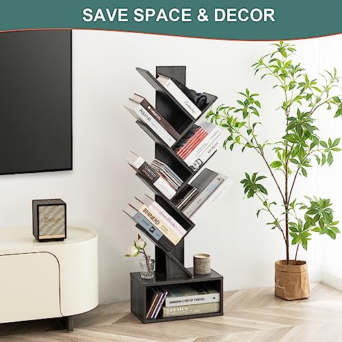 Yoobure Tree Bookshelf - 6 Shelf Retro Floor Standing Bookcase, Tall Wood Book Storage Rack for CDs/Movies/Books, Utility Book Organizer Shelves for Bedroom, Living Room, Home Office