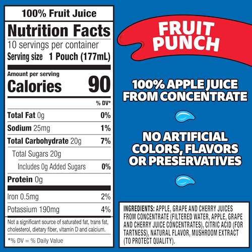 Capri Sun 100% Juice Fruit Punch Naturally Flavored Kids Juice Blend (40 ct Pack, 4 Boxes of 10 Pouches)