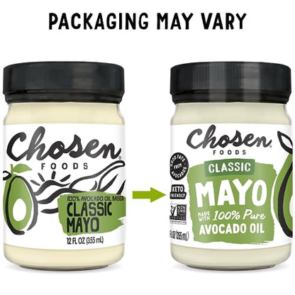 Chosen Foods 100% Avocado Oil-Based Classic Mayonnaise, Gluten & Dairy Free, Low-Carb, Keto & Paleo Diet Friendly, Mayo for Sandwiches, Dressings and Sauces, Made with Cage Free Eggs (32 Fl Oz)