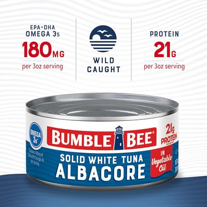 Bumble Bee Solid White Albacore Tuna in Water, 5 oz Can (Pack of 8) - Wild Caught Tuna - 29g Protein per Serving, High in Omega-3s - Non-GMO Project Verified, Gluten Free, Kosher