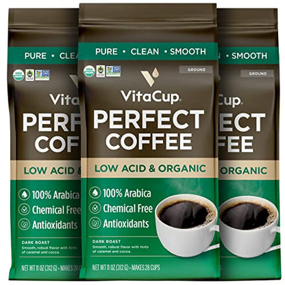 VitaCup Perfect Low Acid Coffee Ground, USDA Organic & Fair Trade, Mycotoxin Free, Dark Roast Guatemala Single Origin, Clean & Pure for Drip Coffee Brewers and French Press, 11 ounces