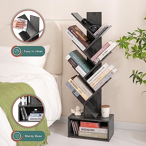 Yoobure Tree Bookshelf - 6 Shelf Retro Floor Standing Bookcase, Tall Wood Book Storage Rack for CDs/Movies/Books, Utility Book Organizer Shelves for Bedroom, Living Room, Home Office