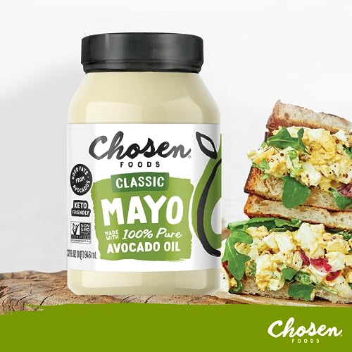 Chosen Foods 100% Avocado Oil-Based Classic Mayonnaise, Gluten & Dairy Free, Low-Carb, Keto & Paleo Diet Friendly, Mayo for Sandwiches, Dressings and Sauces, Made with Cage Free Eggs (32 Fl Oz)