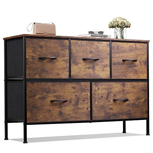 WLIVE Dresser for Bedroom with 5 Drawers, Wide Chest of Drawers, Fabric Dresser, Storage Organizer Unit with Fabric Bins for Closet, Living Room, Hallway, Rustic Brown Wood Grain Print