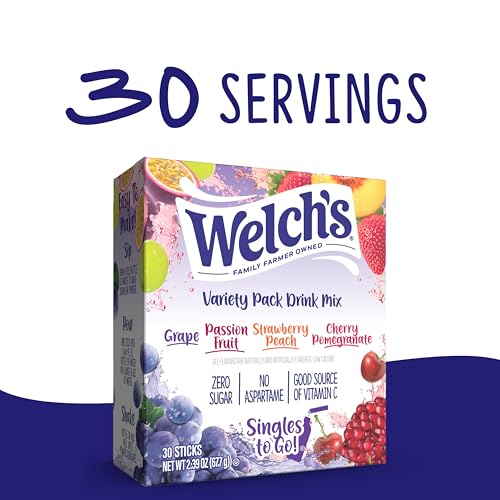 Welch's Singles To Go Variety Pack, Watertok Powdered Drink Mix, Includes 4 Flavors, Grape, Passion fruit, Strawberry Peach, Cherry Pomegranate, 1 Box (30 Servings)