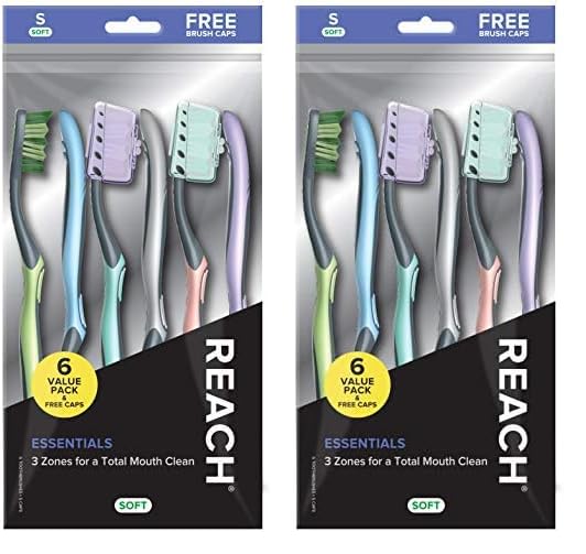 Reach Essentials Toothbrush with Toothbrush Caps, Multi-Zoned Angled Soft Bristles, Contoured Handle, Tongue Scraper, 6 Count