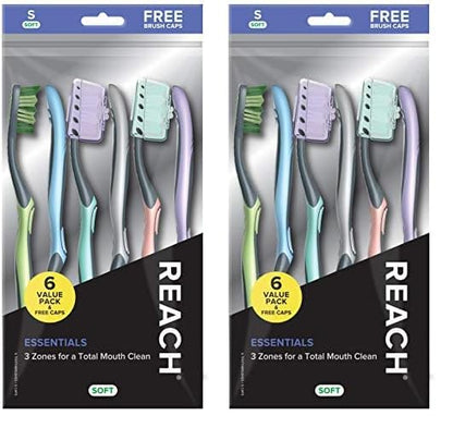 Reach Essentials Toothbrush with Toothbrush Caps, Multi-Zoned Angled Soft Bristles, Contoured Handle, Tongue Scraper, 6 Count