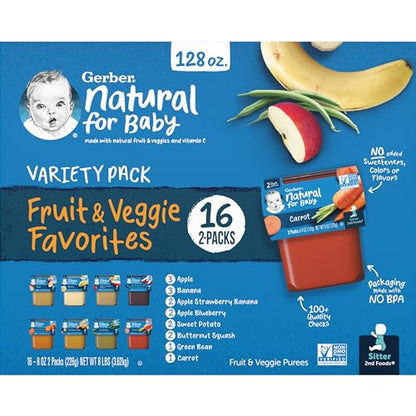 Gerber Purees 2nd Foods Veggie & Fruit Variety Pack, 8 Ounces, Box of 16 (Packaging May Vary)