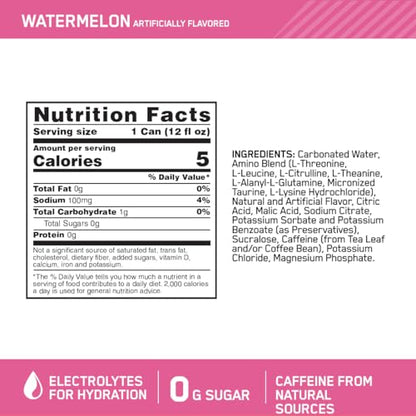 Optimum Nutrition Amino Energy Sparkling Hydration Drink, Electrolytes, Caffeine, Amino Acids, BCAAs, Sugar Free, Juicy Strawberry, 12 Fl Oz, 12 Pack (Packaging May Vary)