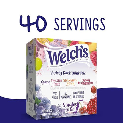 Welch's Singles To Go Variety Pack, Watertok Powdered Drink Mix, Includes 4 Flavors, Grape, Passion fruit, Strawberry Peach, Cherry Pomegranate, 1 Box (30 Servings)