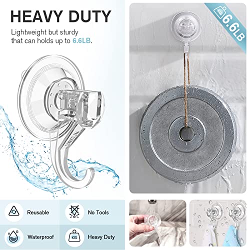 VIS'V Suction Cup Hooks, Small Clear Shower Suction Hooks Heavy Duty Vacuum Suction Cups with Hooks Removable Reusable Bathroom Suction Hooks for Tile Wall Window Glass Door - 2 Pcs