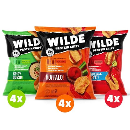 WILDE Spicy Protein Chips Variety Pack, Buffalo, Spicy Queso, Nashville Hot, Thin and Crispy, Protein Snack, Keto Chips, Made with Real Ingredients, 1.34oz Bags (Pack of 12)…