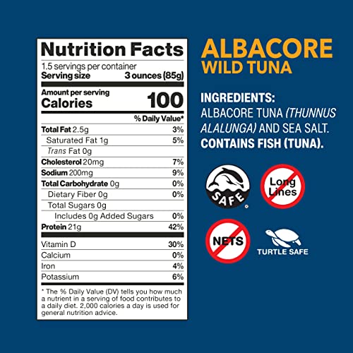 Wild Planet Wild Albacore Tuna, No Salt Added, Canned Tuna, Sustainably Wild-Caught, Non-GMO, Kosher 5 Ounce (Pack of 12), Packaging May Vary