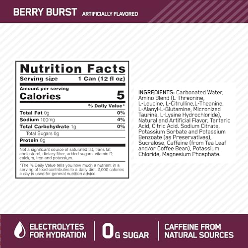 Optimum Nutrition Amino Energy Sparkling Hydration Drink, Electrolytes, Caffeine, Amino Acids, BCAAs, Sugar Free, Juicy Strawberry, 12 Fl Oz, 12 Pack (Packaging May Vary)