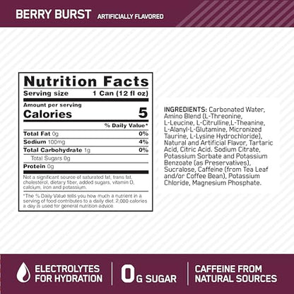 Optimum Nutrition Amino Energy Sparkling Hydration Drink, Electrolytes, Caffeine, Amino Acids, BCAAs, Sugar Free, Juicy Strawberry, 12 Fl Oz, 12 Pack (Packaging May Vary)