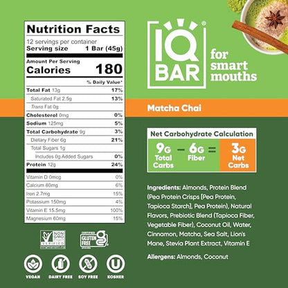 IQBAR Brain and Body Plant Protein Bars - Almond Butter Chip - 12 Count, Low Carb, High Fiber, Gluten Free, Vegan Snacks - Low Sugar Keto Energy Bars