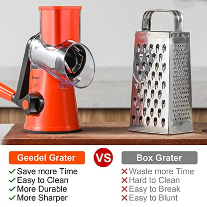 Geedel Rotary Cheese Grater, Kitchen Mandoline Vegetable Slicer with 3 Interchangeable Blades, Easy to Clean Grater for Fruit, Vegetables, Nuts