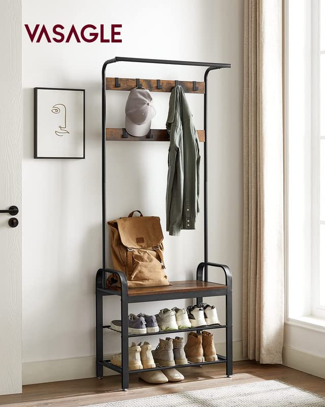 VASAGLE Coat Rack, Hall Tree with Shoe Bench for Entryway, Entryway Bench with Coat Rack, 4-in-1, with 9 Removable Hooks, a Hanging Rod, 13.3 x 28.3 x 72.1 Inches, Honey Brown and Black UHSR040B05