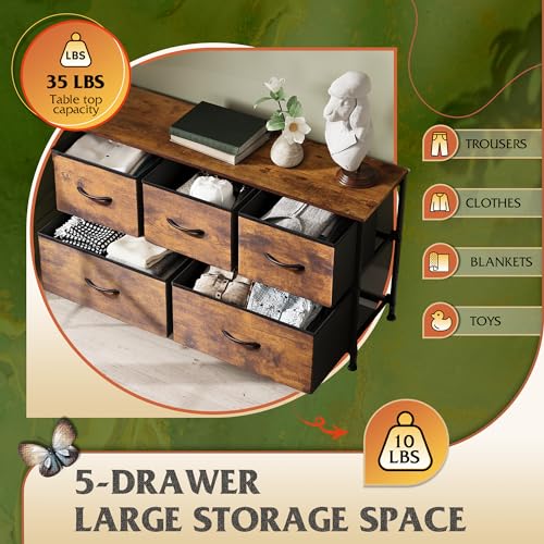 WLIVE Dresser for Bedroom with 5 Drawers, Wide Chest of Drawers, Fabric Dresser, Storage Organizer Unit with Fabric Bins for Closet, Living Room, Hallway, Rustic Brown Wood Grain Print