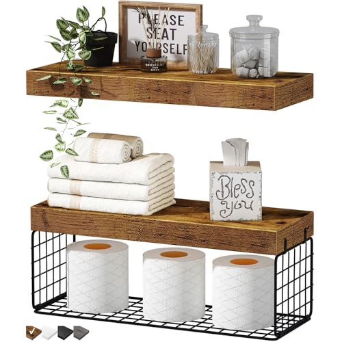 QEEIG Bathroom Shelves Over Toilet Wall Mounted Floating Shelves Farmhouse Shelf Toilet Paper Storage Small 16 inch Set of 3, Rustic Brown (019-BN3)