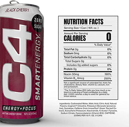 C4 Smart Energy Drink – Boost Focus and Energy with Zero Sugar, Natural Energy, and Nootropics - 200mg Caffeine - Cherry Berry Lime (12oz Pack of 12)