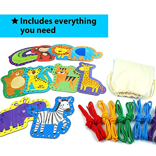 KRAFUN Beginner Preschool Lacing Card Kit for Kids Arts & Crafts, 5 Easy Safari and Animal Lacing Projects, Lacing Cards for Toddlers, Fine Motor Skills Training Toys