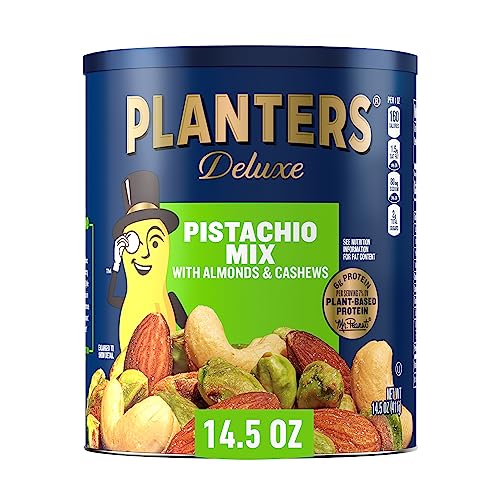 PLANTERS Pistachio Lovers Nut Mix, Mixed Nuts Snack with Pistachios no shell, Almonds & Cashews, Party Snacks, Plant-Based Protein, After School Snack, Bulk Nuts, Kosher 1lb 2.5oz Canister