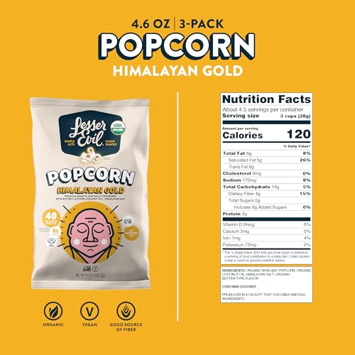 LesserEvil Himalayan Pink Salt Organic Popcorn, Premium Quality, Minimally Processed, No Vegetable Oil, 0.46 Oz, Pack of 24