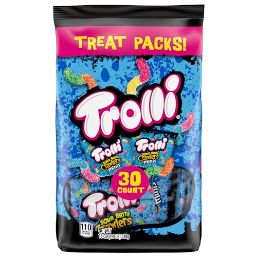 Trolli Mini Sour Brite Crawlers, Candy, Cherry-Lemon, Strawberry-Grape & Orange-Lime, Sweet and Sour, Gummy Worms, Back to School Sweet Treat, 18 oz (30 ct)