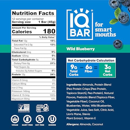 IQBAR Brain and Body Plant Protein Bars - Almond Butter Chip - 12 Count, Low Carb, High Fiber, Gluten Free, Vegan Snacks - Low Sugar Keto Energy Bars