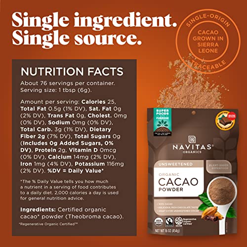 Navitas Organics Cacao Powder, Regenerative Organic Certified, Non-GMO, Fair Trade, Gluten-Free, 8oz. Bag, 15 Servings