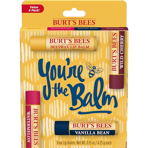 Burt's Bees Lip Balm - Pink Grapefruit, Mango, Coconut & Pear, and Pomegranate Pack, Lip Moisturizer With Beeswax, Tint-Free, Natural Origin Conditioning Lip Treatment, 4 Tubes, 0.15 oz.