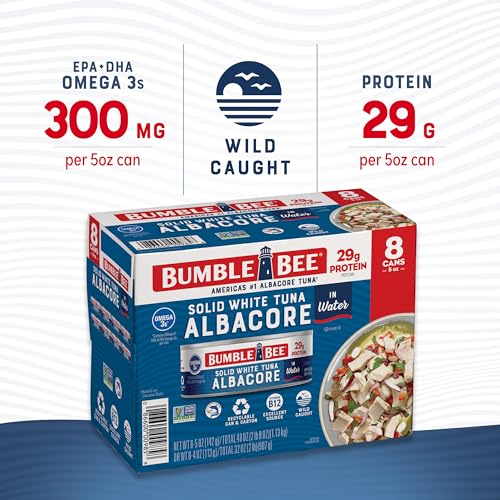 Bumble Bee Solid White Albacore Tuna in Water, 5 oz Can (Pack of 8) - Wild Caught Tuna - 29g Protein per Serving, High in Omega-3s - Non-GMO Project Verified, Gluten Free, Kosher